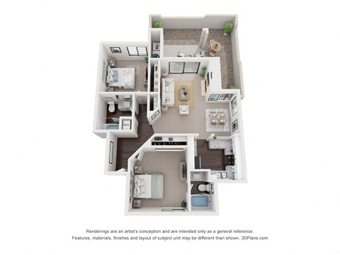 Floor plan for 2 beds, 2 baths, 1050 sqft